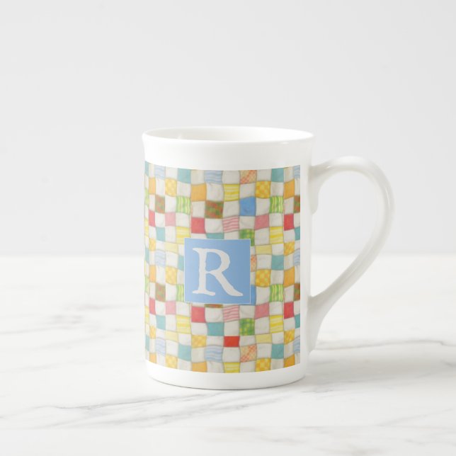 CRAZY QUILT Bone China Mug + Text / Blue (Right)