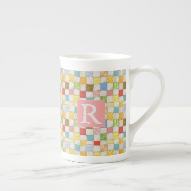 CRAZY QUILT Bone China Mug + Text / Pink (Right)