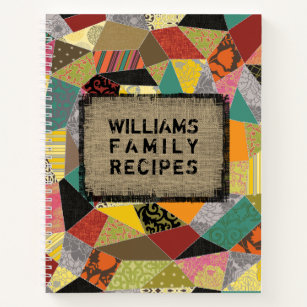 Crazy Quilt Burlap Rustic Family Name Recipe Book
