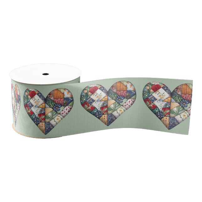 Crazy Quilt Heart Design On Sage Green Grosgrain Ribbon (Spool)