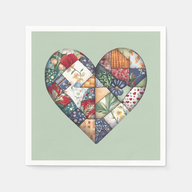 Crazy Quilt Heart On Sage Green Napkin (Front)