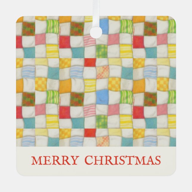 CRAZY QUILT Metal Square Ornament + Text (Front)