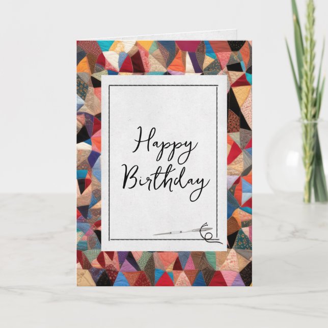 Crazy Quilt Pattern and Needle Birthday  Card (Front)