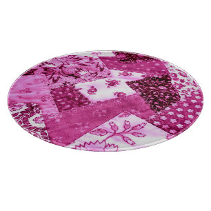 Crazy Quilt Pattern Pink White Floral Patchwork Cutting Board