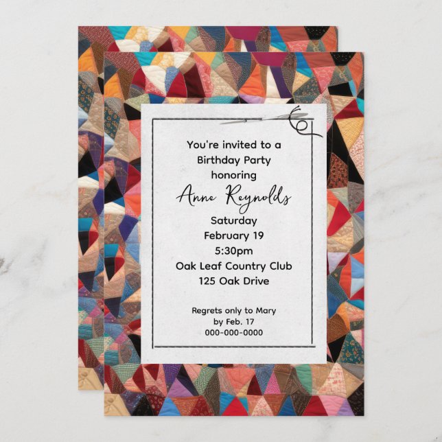 Crazy Quilt Pattern With Needle Party Invitation (Front/Back)