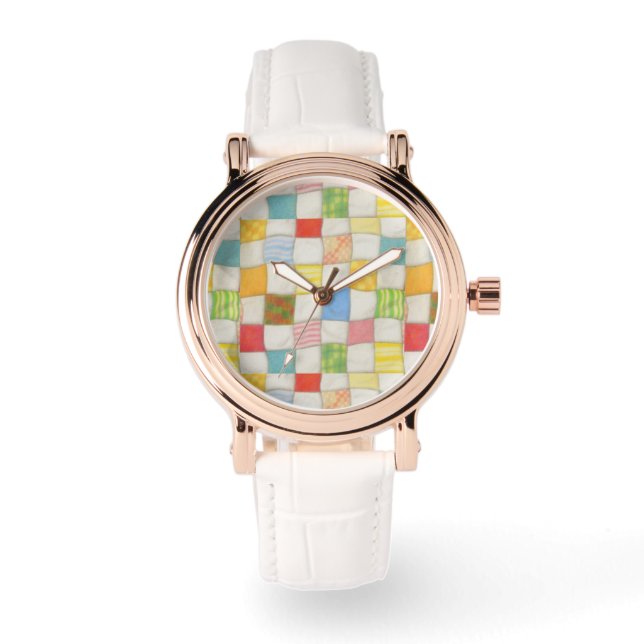 CRAZY QUILT Rose Gold Vintage White Watch (Front)