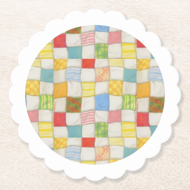 CRAZY QUILT Scalloped Round Paper Coasters - White (Front)