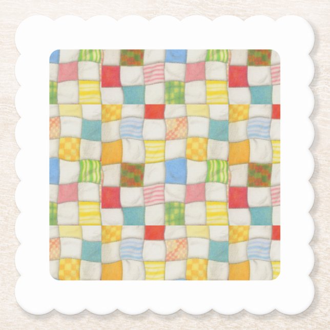 CRAZY QUILT Scalloped Square Paper Coasters White (Front)