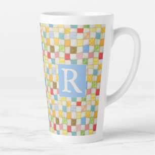 CRAZY QUILT Tall Latte Mug + Text / Blue