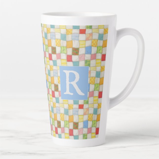 CRAZY QUILT Tall Latte Mug + Text / Blue (Right)