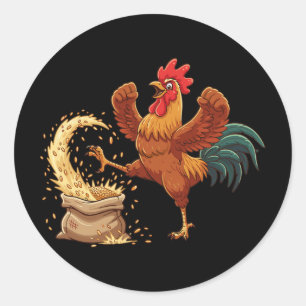 Crazy Rooster Kicking Grain Funny Farm Chicken _1 Classic Round Sticker