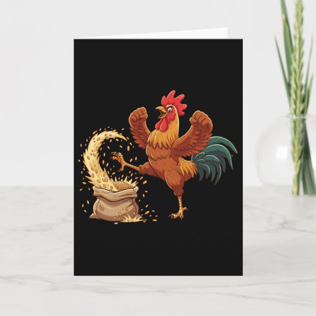 Crazy Rooster Kicking Grain Funny Farm Chicken  Card (Front)