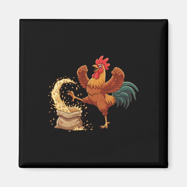 Crazy Rooster Kicking Grain Funny Farm Chicken  Magnet (Front)