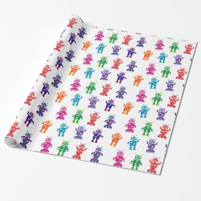 Crazy Silly Colourful Girl and Boy Robot Party Wrapping Paper (Unrolled)