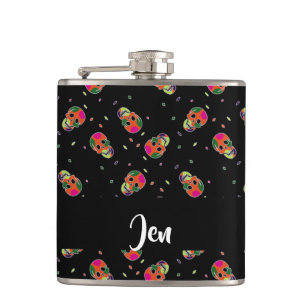 Crazy skulls on black hip flask