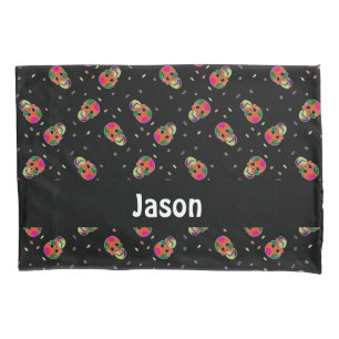 Crazy skulls on black pillowcase