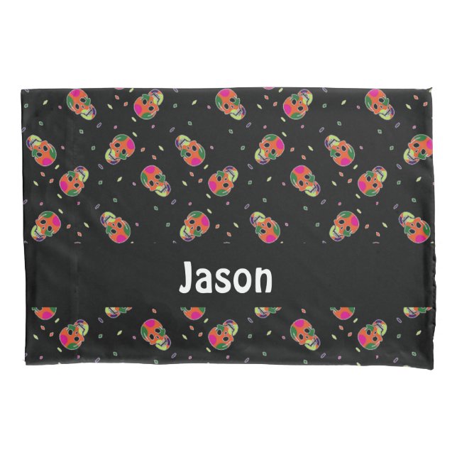 Crazy skulls on black pillowcase (Front)