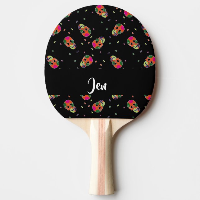 Crazy skulls on black ping pong paddle (Front)