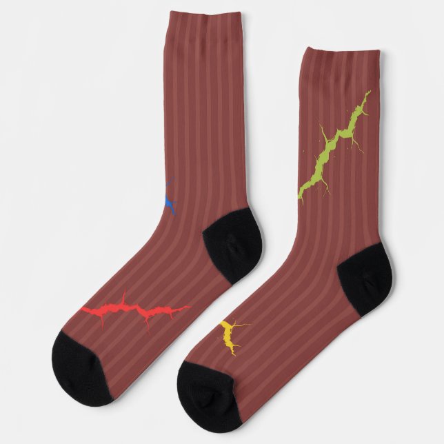 Crazy Socks colourful rips, on dark red (Left)