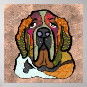 Crazy St Bernard dog face hand-painted Poster
