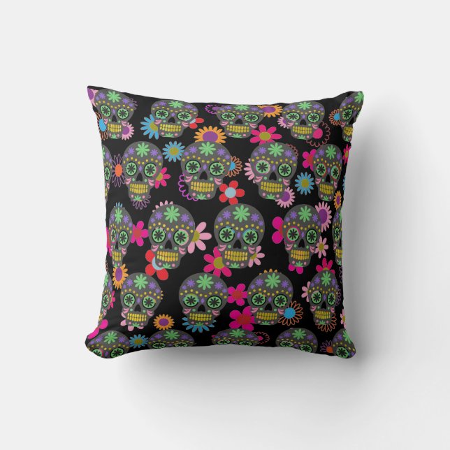 Crazy Sugar Skull and Flowers Black Cushion (Front)