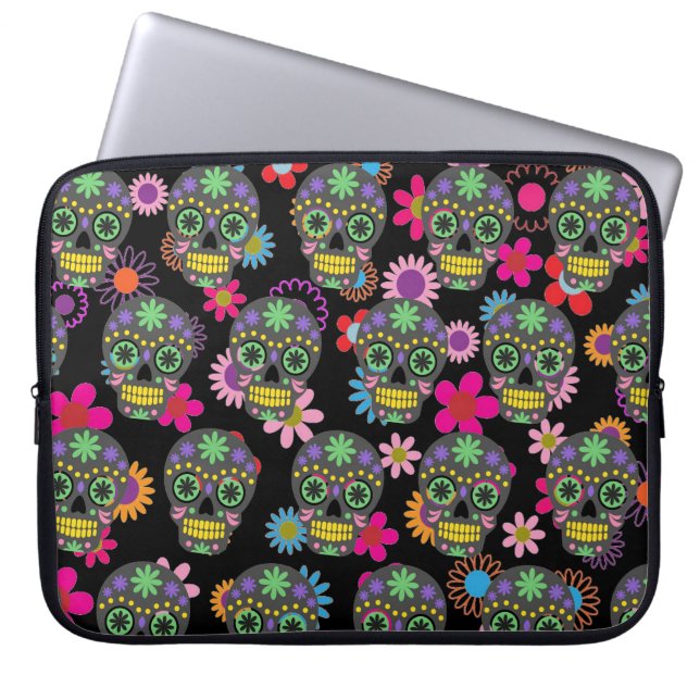 Crazy Sugar Skull and Flowers Black Pattern Laptop Sleeve (Front)