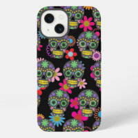 Crazy Sugar Skull and Flowers on Black Pattern