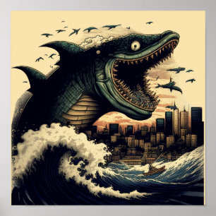 Crazy Sushi Shark Anime Attacking Poster