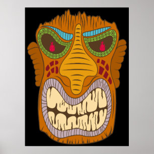 Crazy Tiki Head with Flames in His Eyes, Black Poster