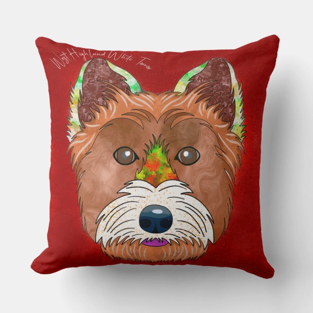 Crazy West Highland White Terrier hand-painted Cushion (Front)