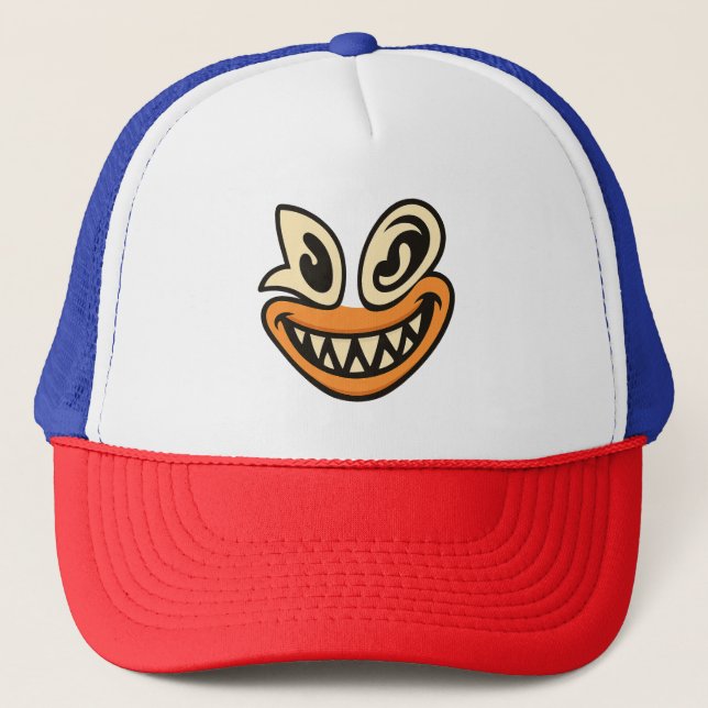 Crazy Wide-Smile Face – Unique Bold Graphic Tee Trucker Hat (Front)