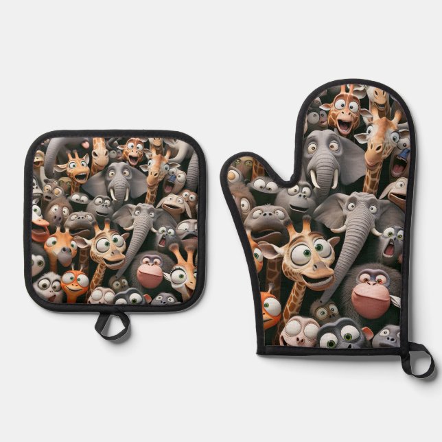 Crazy Wildlife Group  Oven Mitt & Pot Holder Set (Front)