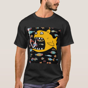 crazy yellow fish in black ocean with little fishe T-Shirt