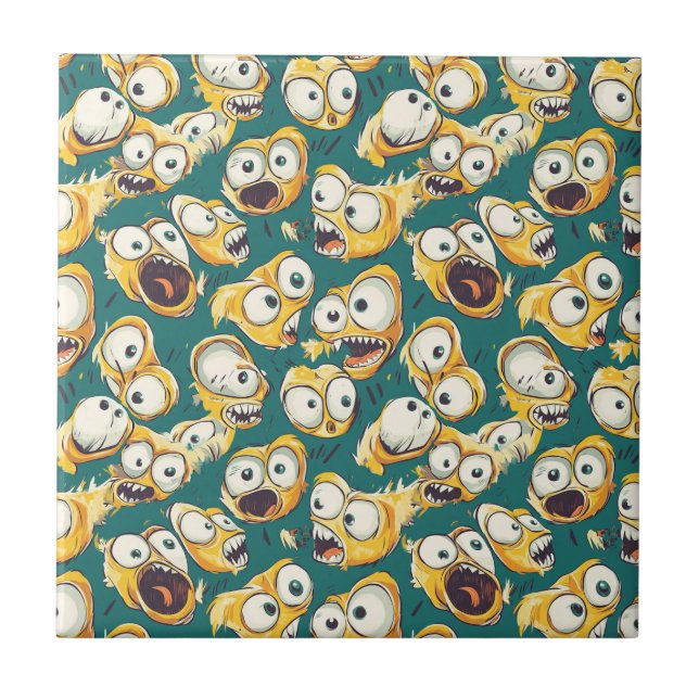 Crazy Yellow Monster Teal Halloween Ceramic Tile (Front)