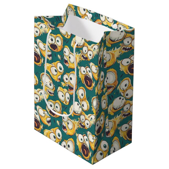 Crazy Yellow Monster Teal Halloween Medium Gift Bag (Front Angled)