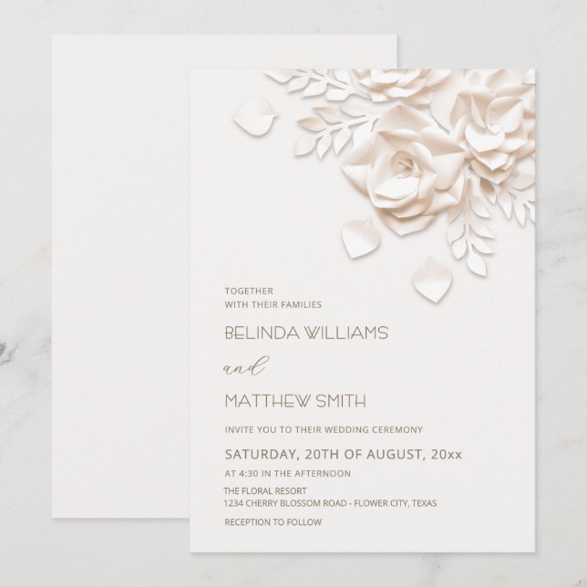 Cream 3D Flowers Roses Simple Wedding Invitation (Front/Back)