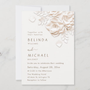 Cream 3D Flowers Roses Simple Wedding Invitation