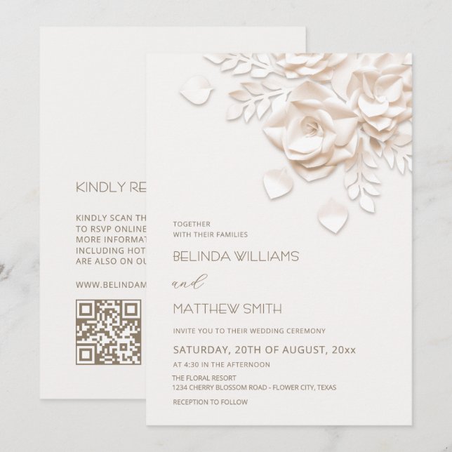 Cream 3D Flowers Roses Simple Wedding Invitation (Front/Back)