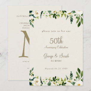 Cream 50th Anniversary Party White Floral Invitation