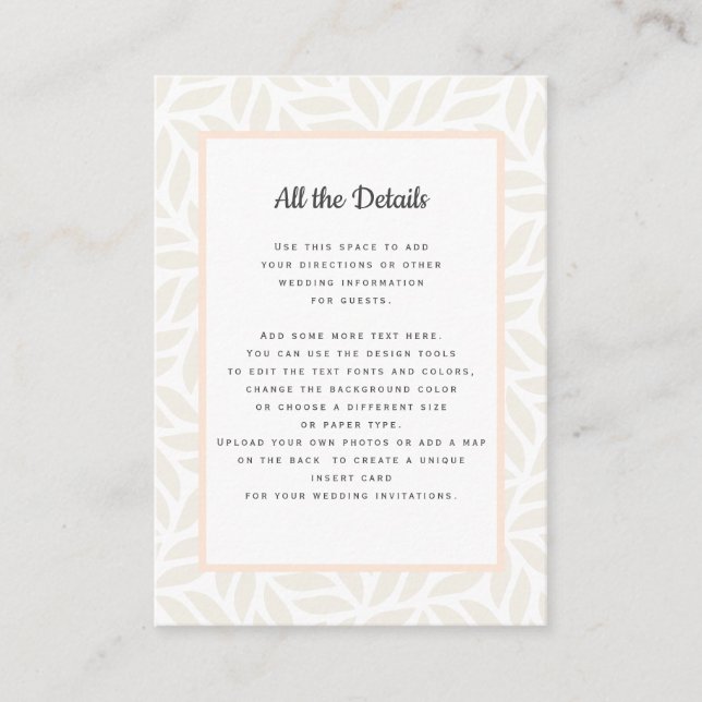 Cream abstract foliage  WEDDING Details Directions Enclosure Card (Front)