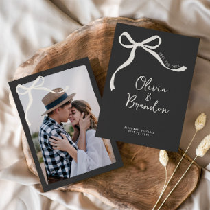 Cream and black whimsical hand drawn bow save the date