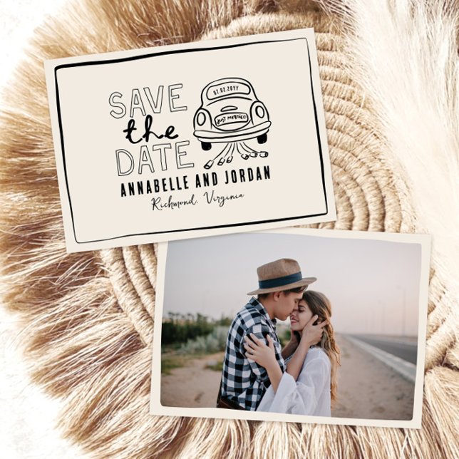 Cream and black whimsical hand drawn car save the date (Creator Uploaded)