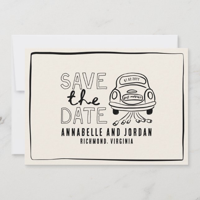 Cream and black whimsical hand drawn car save the date (Front)