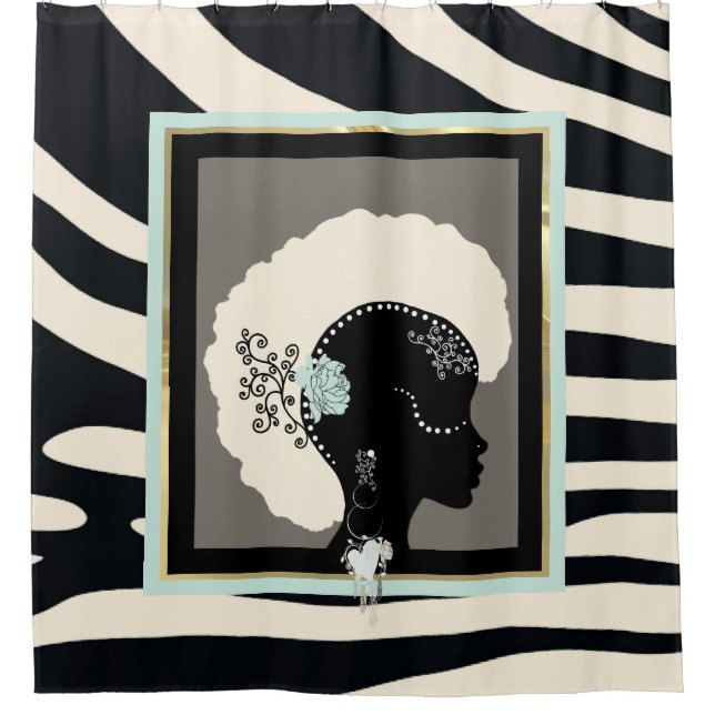 Cream, and black zebra print shower curtain (Front)