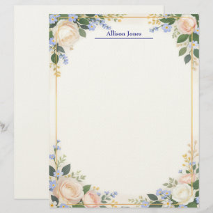 Cream and Blue Floral with Gold Frame Stationery Custom Letterhead