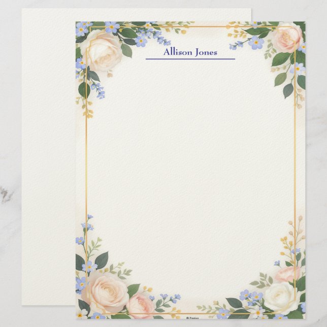 Cream and Blue Floral with Gold Frame Stationery Custom Letterhead (Front/Back)