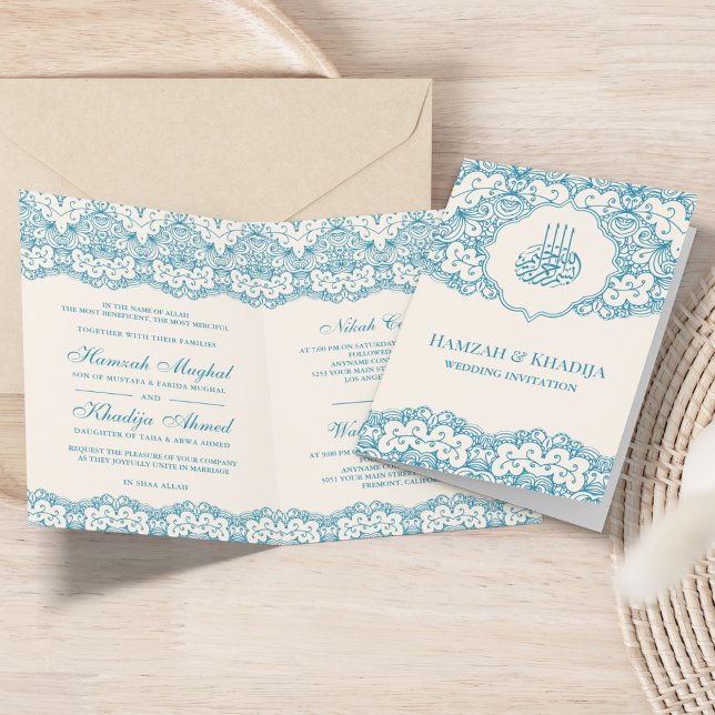 Cream and Blue Lace Islamic Muslim Wedding Invitation (Creator Uploaded)