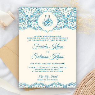 Cream and Blue Lace Islamic Muslim Wedding Invitation
