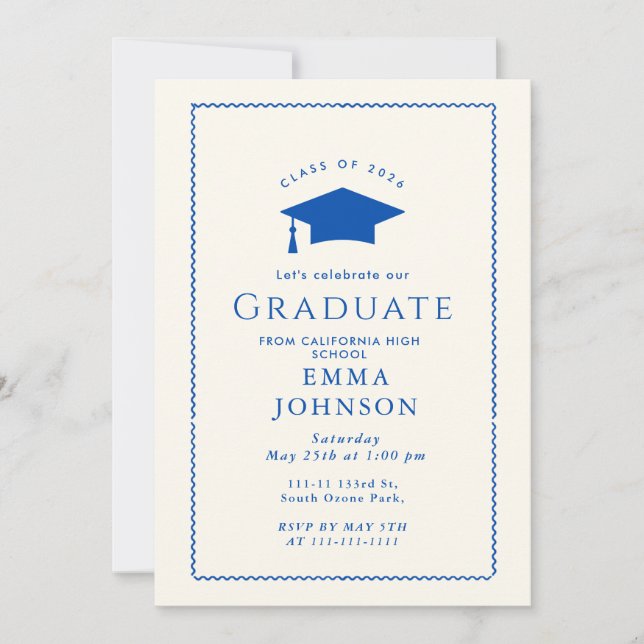 Cream and Blue Vintage Elegant Graduation Party Invitation (Front)