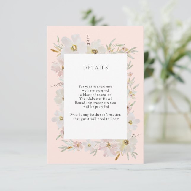 Cream and Blush Watercolor Flowers Details Peach Enclosure Card (Standing Front)